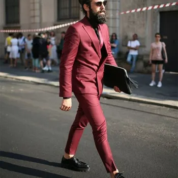 

Latest Coat Pant Designs Burgundy Men Suit Double Breasted Slim Fit 2 Piece Tuxedo Casual Fashion Custom men Suits