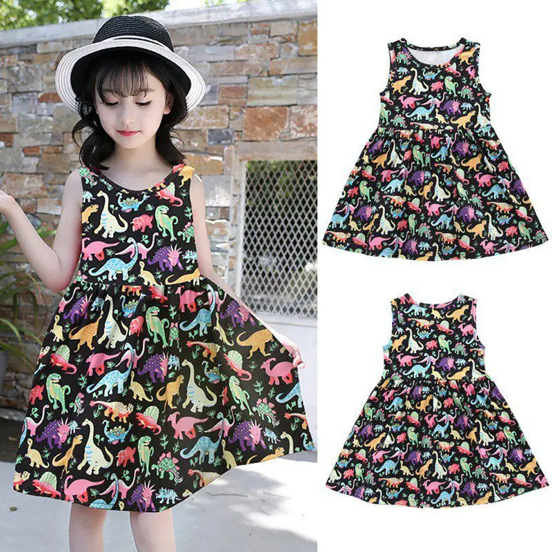 Платье без рукавов с круглым вырезом для девочек; детское платье с принтом динозавра из мультфильма; Летние черные платья принцессы; Детский сарафан; одежда
