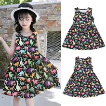 Платье без рукавов с круглым вырезом для девочек; детское платье с принтом динозавра из мультфильма; Летние черные платья принцессы; Детский сарафан; одежда