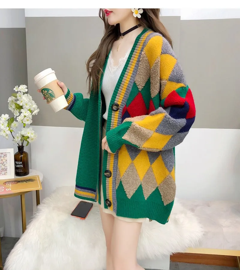 NiceMix Autumn New Single Breasted Patchwork Women Sweater Korean V Neck Geometric Pattern Cardigans Female Knitwear - Color: Green