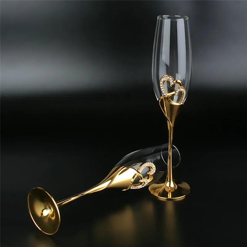 

2Pcs/Set Wedding Crystal Champagne Glasses Gold Metal Stand Flutes Wine Glasses Goblet Party Lovers Valentine's Day Gifts 200ml