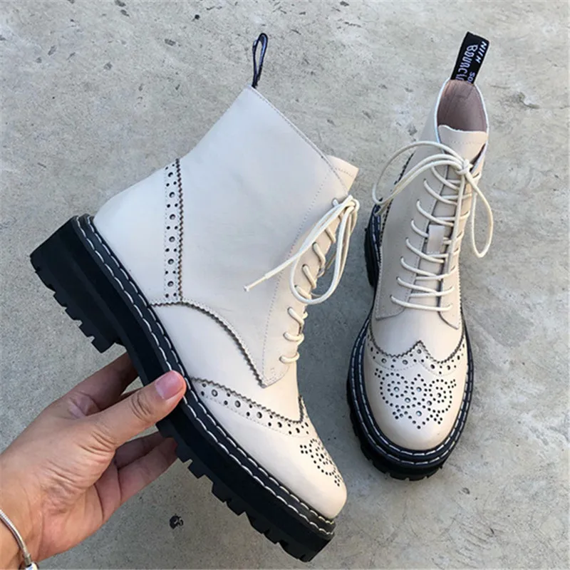 beige cow leather Prova Perfetto; женские ботинки из натуральной кожи; ботинки-броги с вырезами и цветами; ботинки Marteens на платформе; женские байкерские ботинки; Botas Mujer - Цвет: beige cow leather