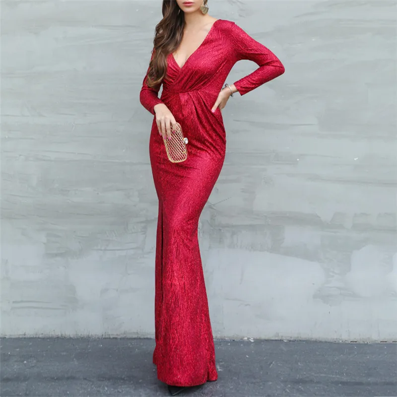 Yesexy зимние женские платья с длинным рукавом и глубоким v-образным вырезом для вечеринок элегантные женские платья макси VR18776 - Цвет: Красный