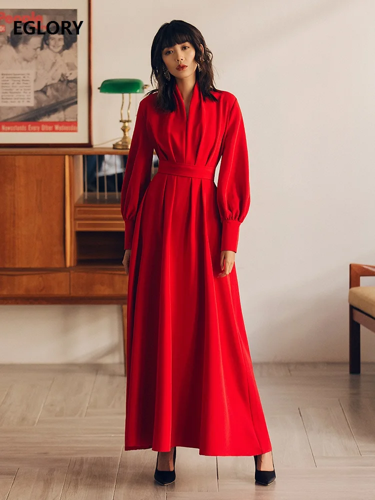 

High Quality Red Long Dress 2019 Autumn Style Women Turtleneck Back Bow Belt Long Sleeve Party Long Maxi Dress Vestidos Festa