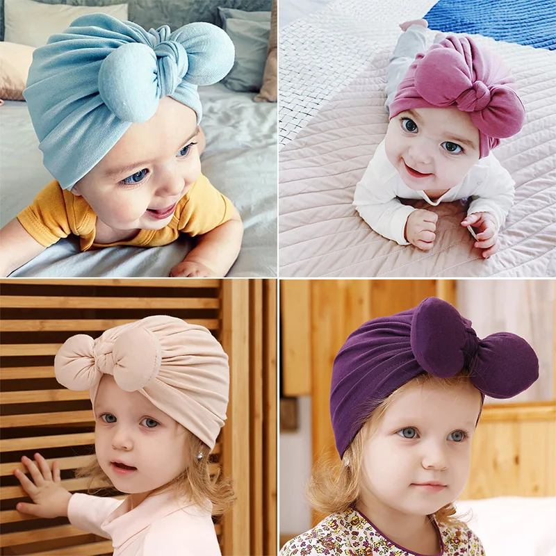 Хлопковая однотонная детская шляпки с бантом-Банни для новорожденных, модная мягкая шапка для мальчиков и девочек на осень-зиму и весну