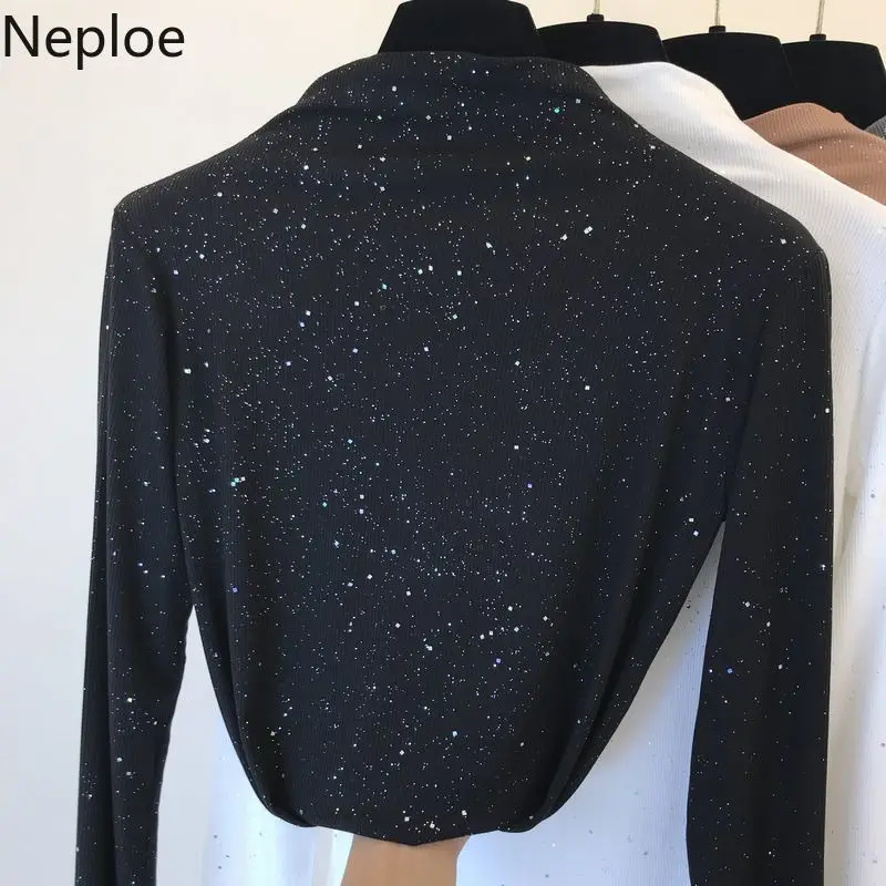 Neploe, осенне-Весенняя новая Приталенная футболка с высоким воротником и длинным рукавом, вязаные топы, расшитые блестками, мягкий однотонный топ 47522
