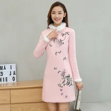 Узкое вышитое платье в Корейском стиле осенне-зимняя новая стильная юбка трапециевидной формы шерстяная юбка средней длины с круглым вырезом и длинными рукавами