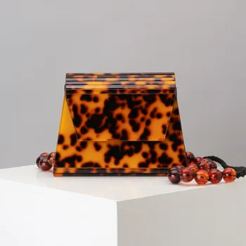 

Leopard Amber Acrylic Resin Bags Beads Women Messegner Bags Trapezoid Box Female Crossbody Shoulder Bags Luxury Brand Purse