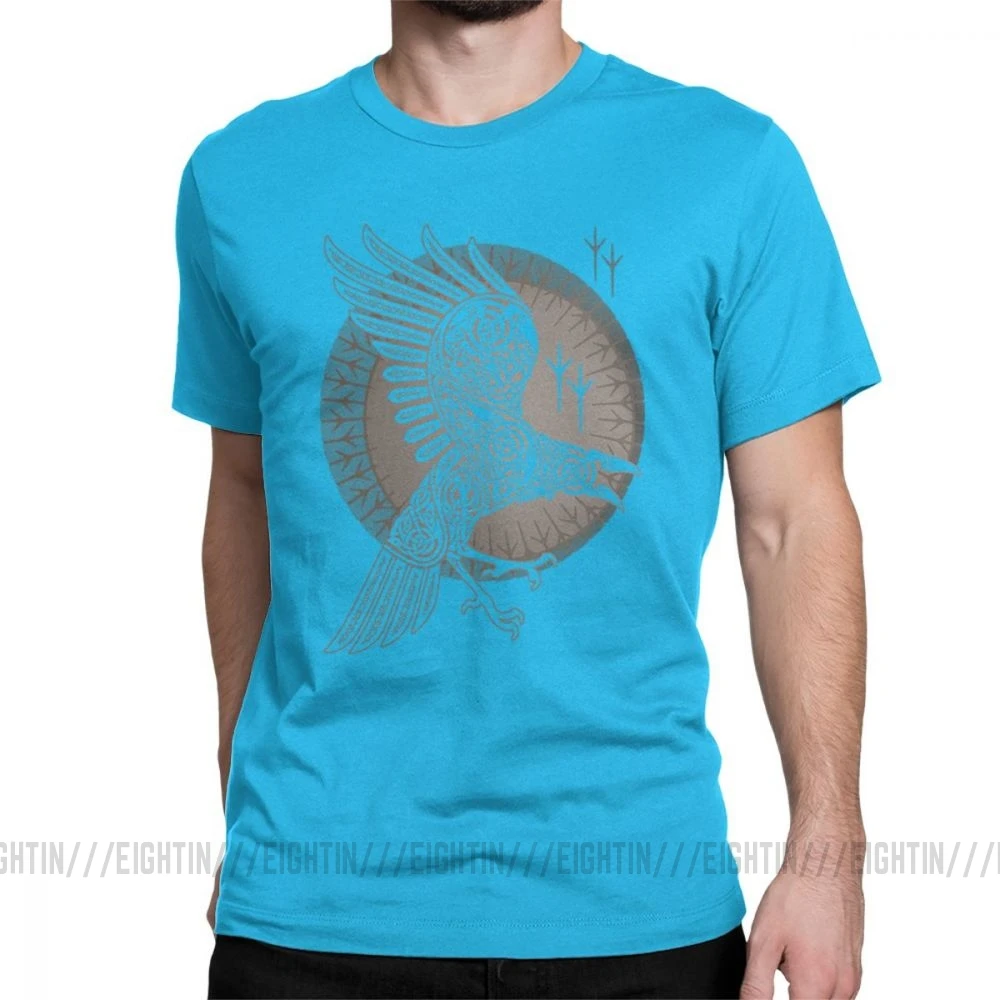 Мужские Viking футболки Ворон футболка Valhalla Винтаж с круглым вырезом Рубашка с короткими рукавами Топы из хлопка футболка - Цвет: Medium Blue