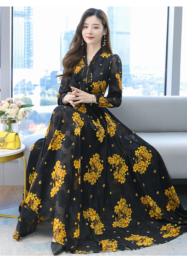 2021 New Spring And Autumn Dress Black And White Apricot Print Long Skirt High Quality Oversized Flower Long Sleeve Women's Chif 2021 New Spring And Autumn Dress Black And White Apricot Print Long Skirt High Quality Oversized Flower Long Sleeve Women's Chif