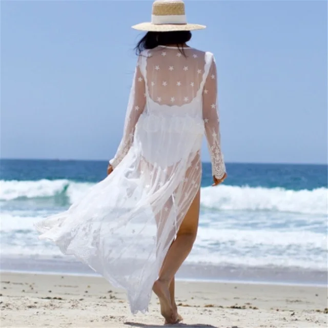 Белый Сексуальный прозрачный белый кружевной длинный кардиган-Кимоно размера плюс, летняя пляжная одежда, Женские топы и блузки N1027 - Цвет: Белый
