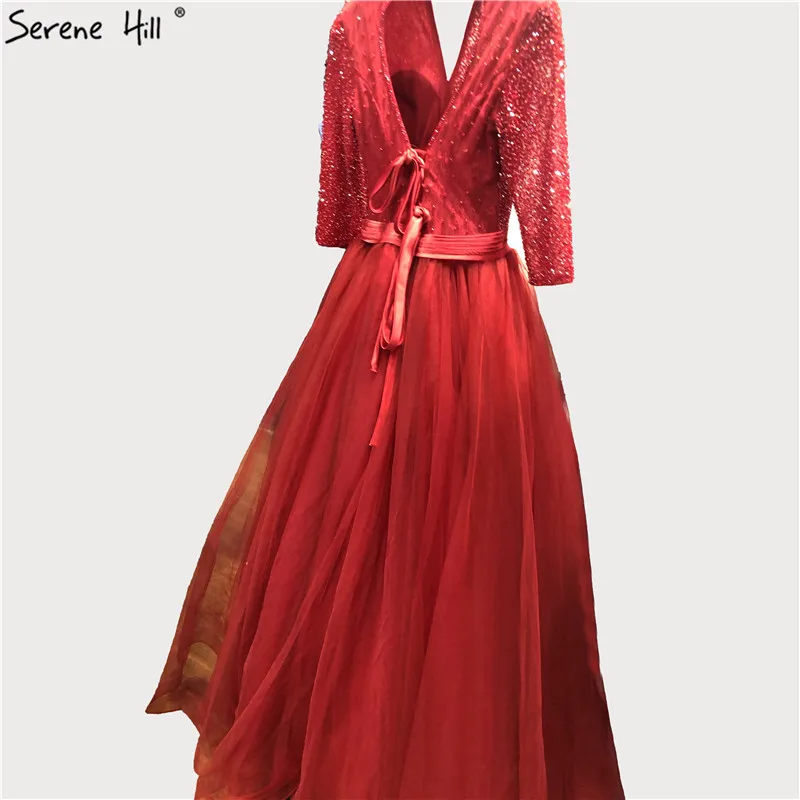Дубай красные с длинным рукавом сексуальные вечерние платья v-образным вырезом Бисероплетение на шнуровке А-силуэта вечерние платья Серен Хилл LA70261