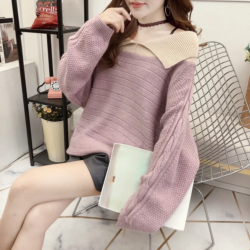 Woherb Off Shoulder V-neck Sweater Women Jumper Long Sleeve Contrast Color Knit Winter Pull Femme Autumn Elegant Pullover - Цвет: Розовый