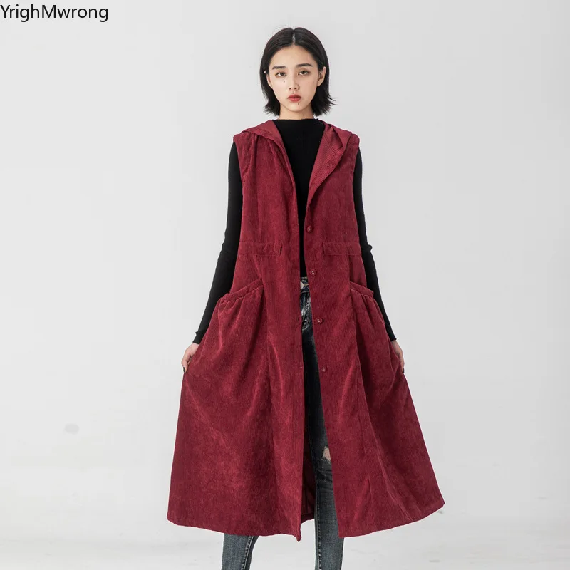 Винтажный однотонный осенний однобортный женский длинный жилет без рукавов Blusas Ropa вельветовый плащ ветровка