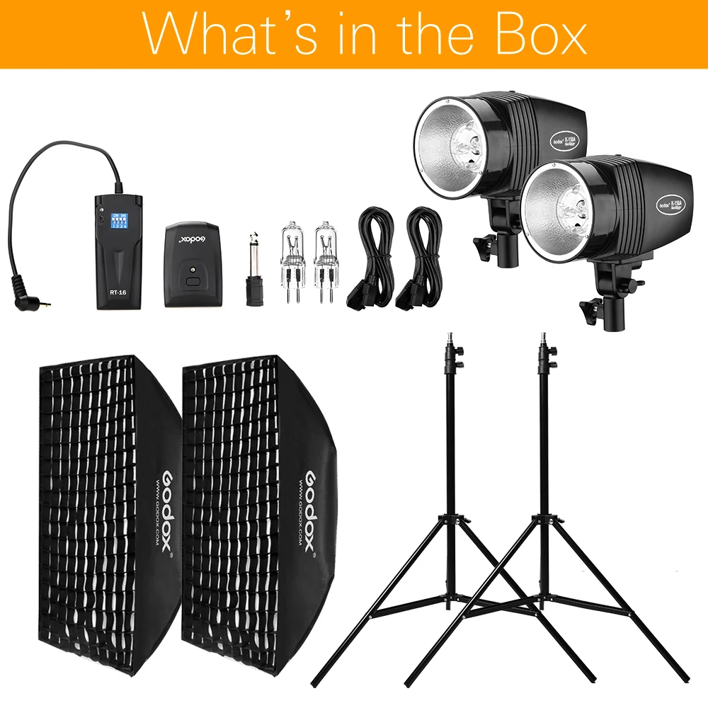 Godox 2x K-180A 360Ws строб студия комплект для вспышки+ 2x50x70 см Honeycomb софтбокс с решеткой+ RT-16 триггер+ 2x190 см для фотостудии