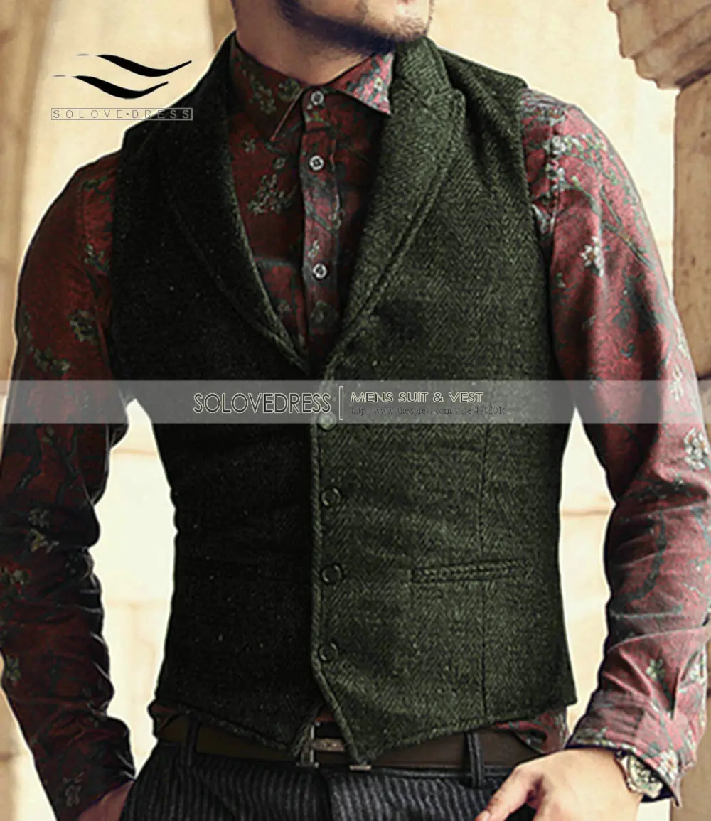 Army Green Мужской костюм, жилет, винтажный, Повседневный, приталенный, с отворотом, v-образный вырез, Деловой, для свадебных женихов, мужской жилет, коричневый/черный/синий - Цвет: Army Green