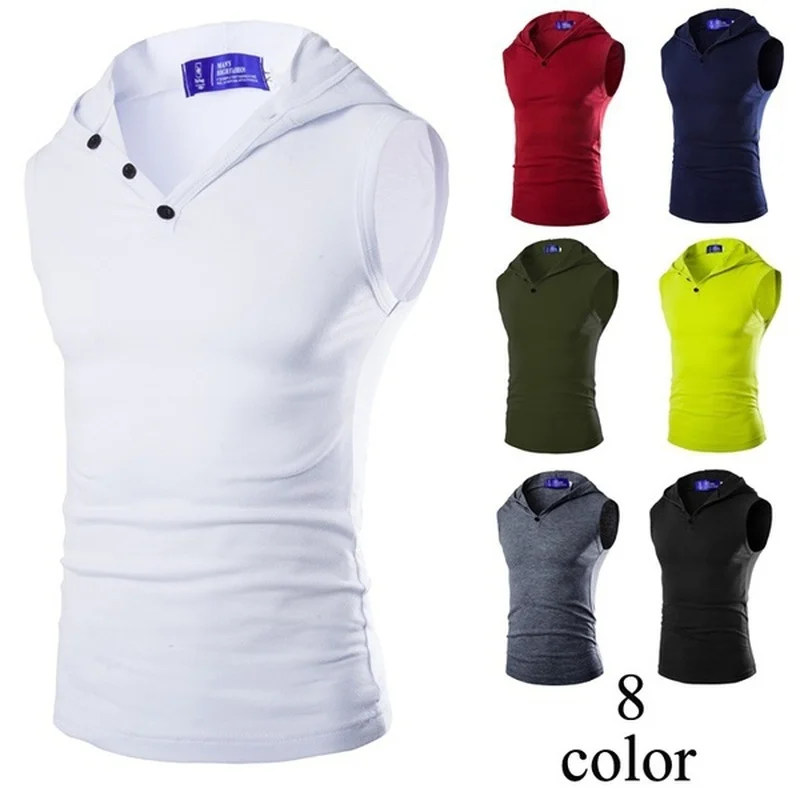 Мужская футболка для бодибилдинга s пуловер без рукавов с капюшоном однотонные