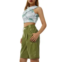 Calças médias do couro do plutônio do outono das senhoras, cor sólida do estilo do lazer das meninas calções largos do pirata da perna da cintura alta com bolso para namorar