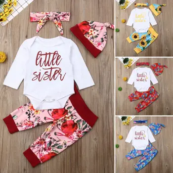 

Newborn Baby Girl Little Sister Romper Long Pants Hat Outfit Clothes 4PCS Set