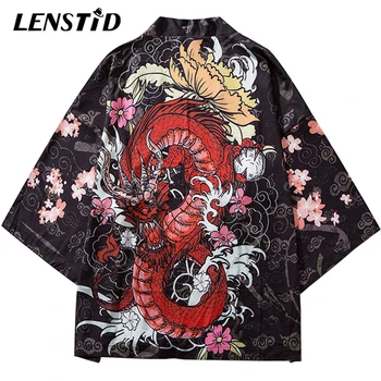 

LENSTID Hip Hop Men Streetwear Chinese Fire Dragon Printed 2020 Harajuku Kimono Jacket Japanese Summer Short Thin Gown Jackets
