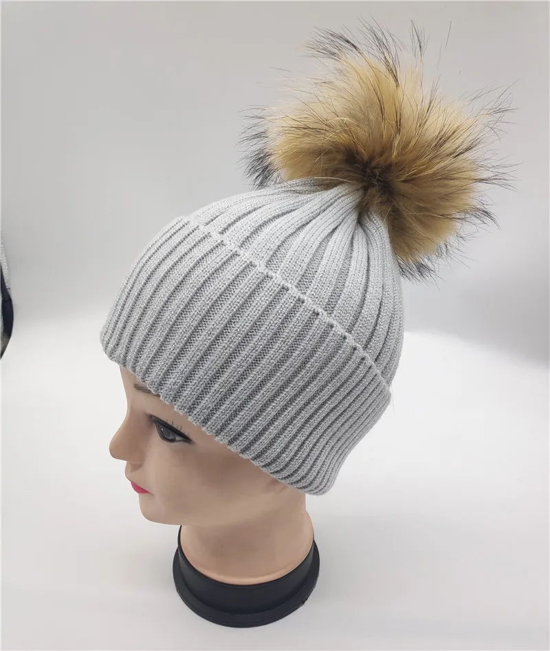 Natural pompom Зимняя плотная шерстяная теплая серая Шапка-бини, Женская полосатая шапка Skullies Gorros, женская вязаная шапка с натуральным мехом и помпонами - Цвет: Natural pompom