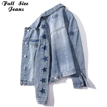 

Plus Size Harajuku Five Star Printed Long Sleeve Short Denim Jackets 4XL 5XL Autumn Streetwear White Wash Jeans Coat Chi Tops