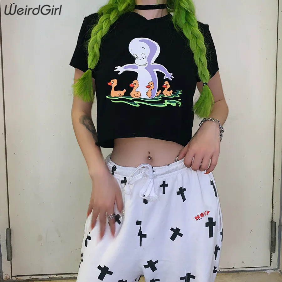 Weirdgirl женские хлопковые футболки с принтом, круглый вырез, короткий рукав, женский короткий топ, футболки, милая девушка, эластичная уличная одежда, на выход, Новинка лета