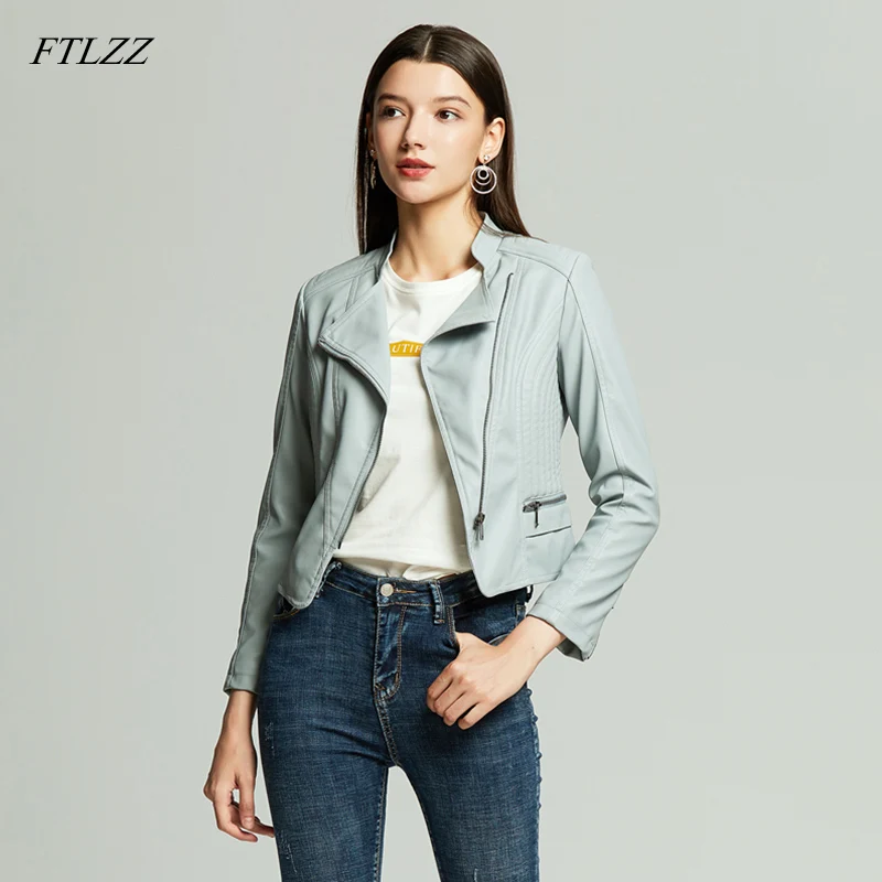 

FTLZZ New Autumn Women 6 Colors Moto Biker Stand Collar Zipper Short Faux Leather Jacket Slim Fit Female Streetwear Outwear