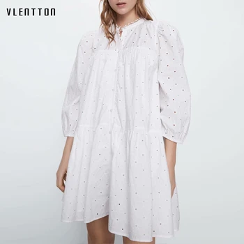 

2020 Spring Autumn White Sexy Hollow Out Mini Dress Women Solid Embroidery Casual Loose A-Line Beach Dresses Ladies Vestidos