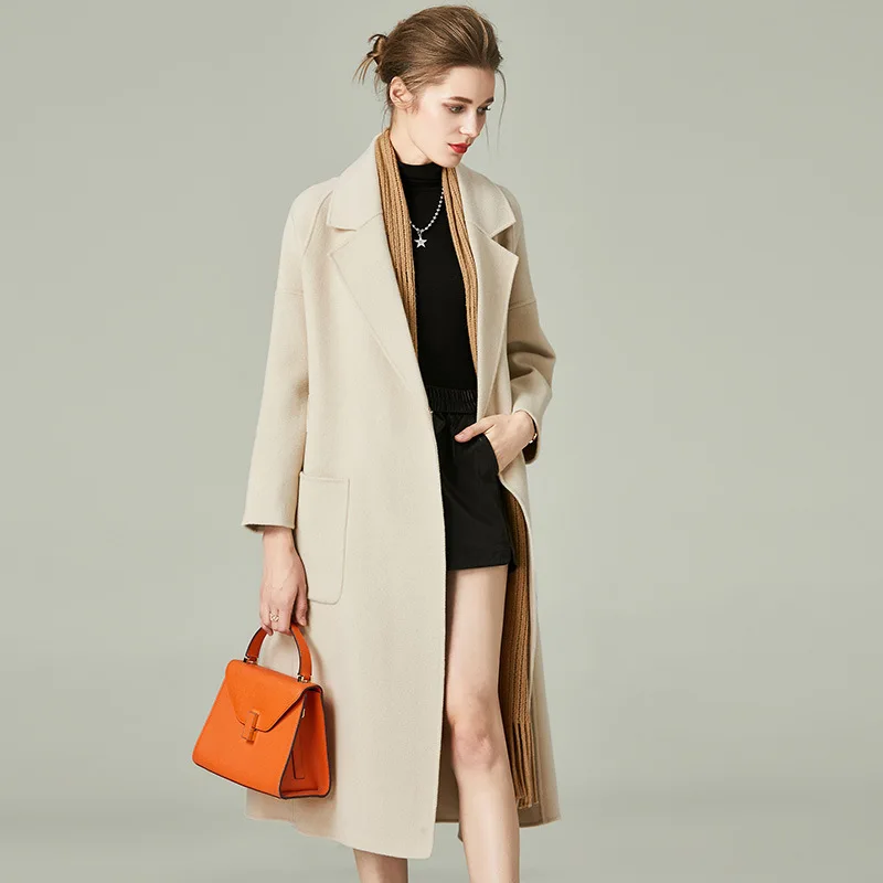 High End Winter Korean Fashion Double-Sided Long Belt Wool Cashmere Coat Women Europe Plus Size X-Long Loose Woolen Jacket