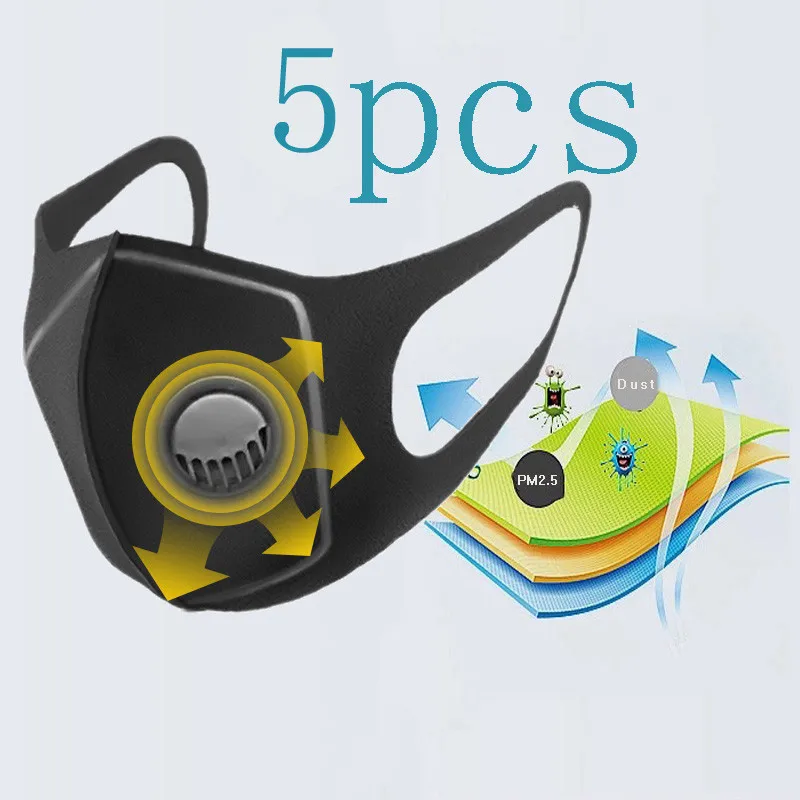 

5 PCS Unisex Sponge Dustproof PM2.5 Pollution Mouth Mask Dust Anti-fog Anti-pollen Mask Filter Breathable Valve Face Masks