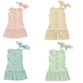 

New 2Pcs Infant Baby Girl Sleeveless Dress Baby Girls Solid Color Dresses Fashion Summer Baby Girl Party Ribbed Sundress 0-24M