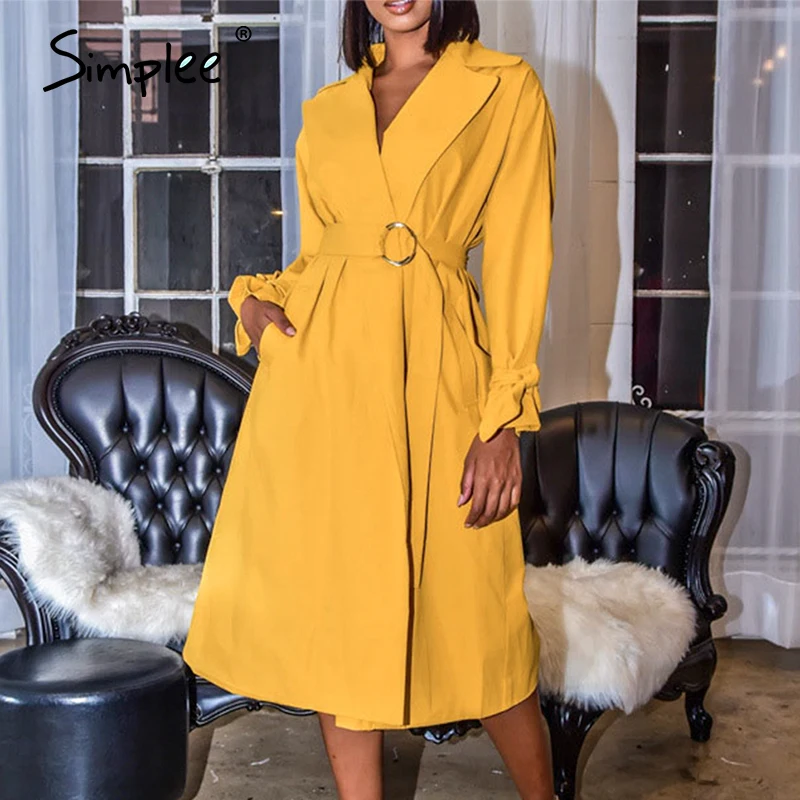 

Simplee Elegant office ladies midi dress High waist sash belt female A-line dresses Long sleeve pockets spring summer vestidos