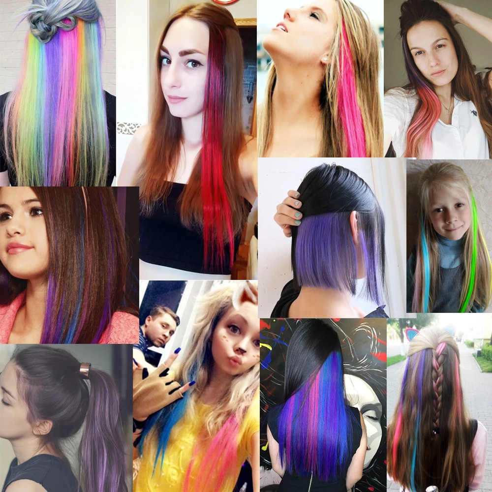 Straight Colored Clip In One Piece Hair Extensions 10 Packs 22inch Rainbow Color Synthetic Girls Fake False Clip on Hair Pieces hair extensions