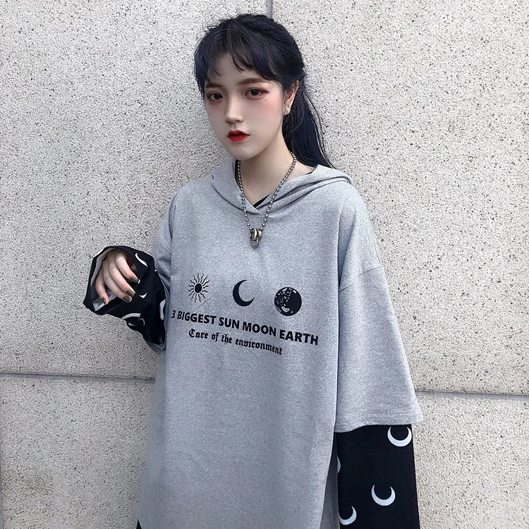 Harajuku уличная Винтажная Футболка для женщин, одежда, осень, корейский Ulzzang, с принтом, с капюшоном, Футболки женские, полный поддельные два топа