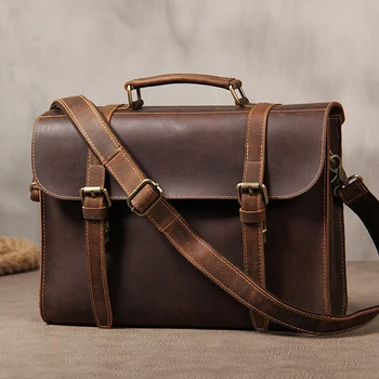 

Genuine Leather Briefcase For Mens Handmade Crazy Horse Leather Handbags 14 Inch Laptop Bags Cowhide Shoulder Crossbody Bags