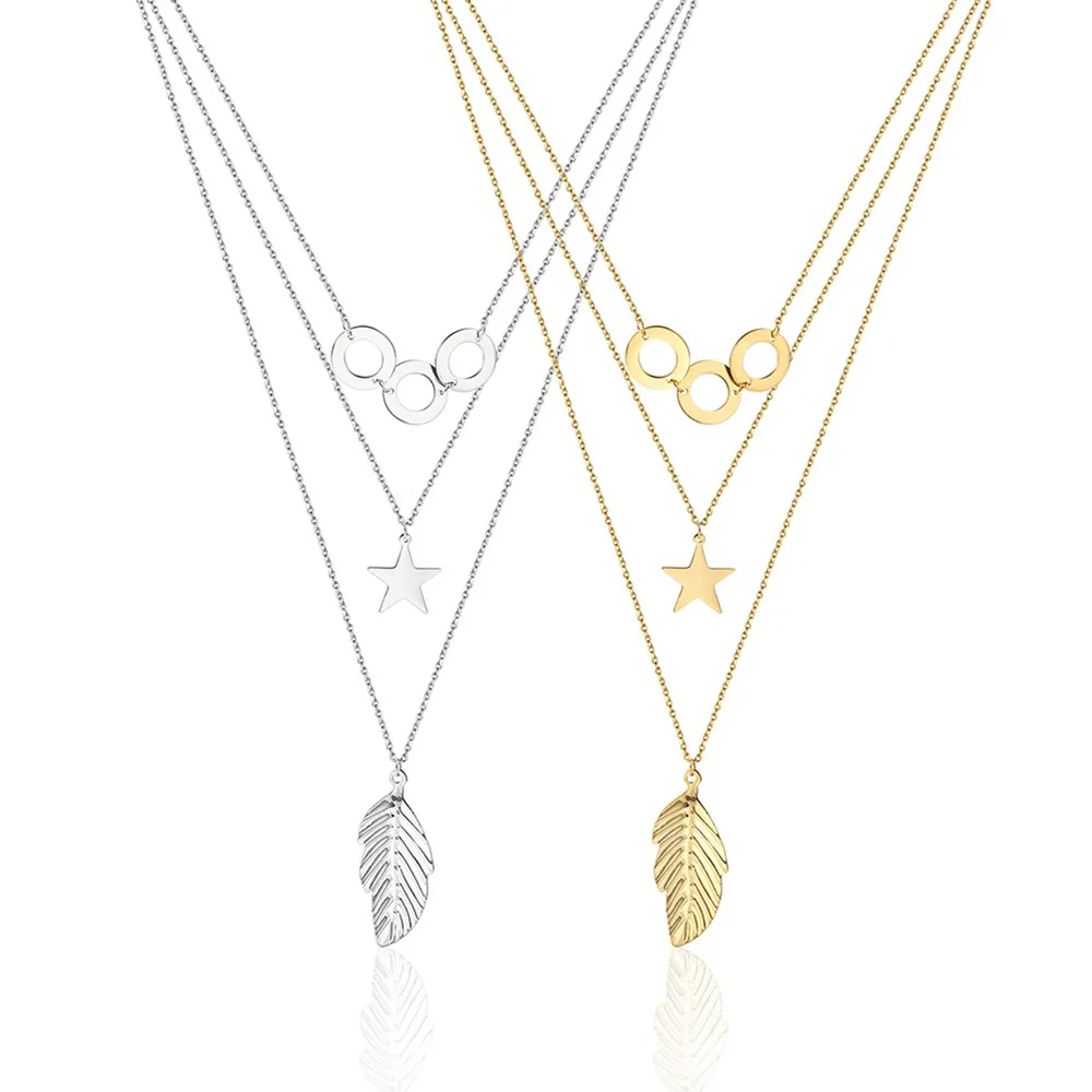 Statement Pendant Necklace Women Accesories Leaves Stars Stainless Steel Jewelry Gold Chain Long Multilayer Layered Necklace
