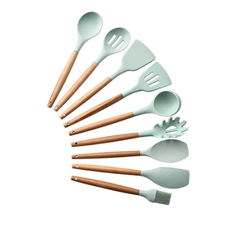 CTHome силиконовая кухонная утварь деревянная ручка антипригарная лопатка ложка Тернер суп половник венчик кухонные инструменты для приготовления пищи гаджет - Цвет: green 9PCS