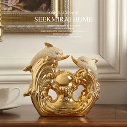 Modern Luxury Golden Dolphin Ceramic Decoration Home Livingroom Table Figurines Crafts Store Window Desktop Statue Accessories