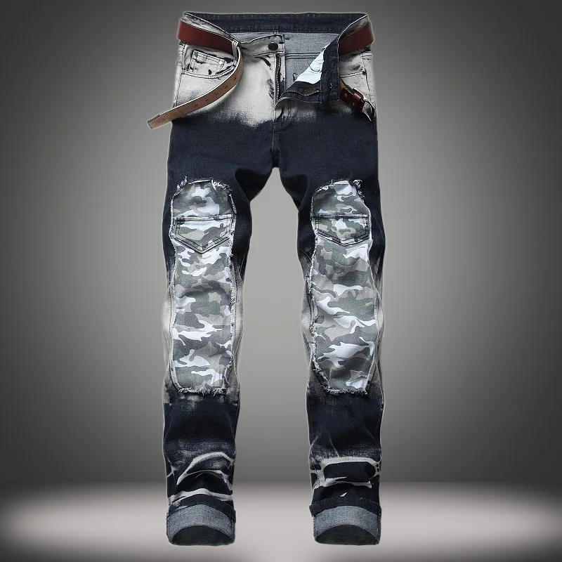 Camouflage Stitching Jeans Men Male Holes Spelling Color Pants Slim Hip Hop Skinny For Denim Joggers | Мужская одежда