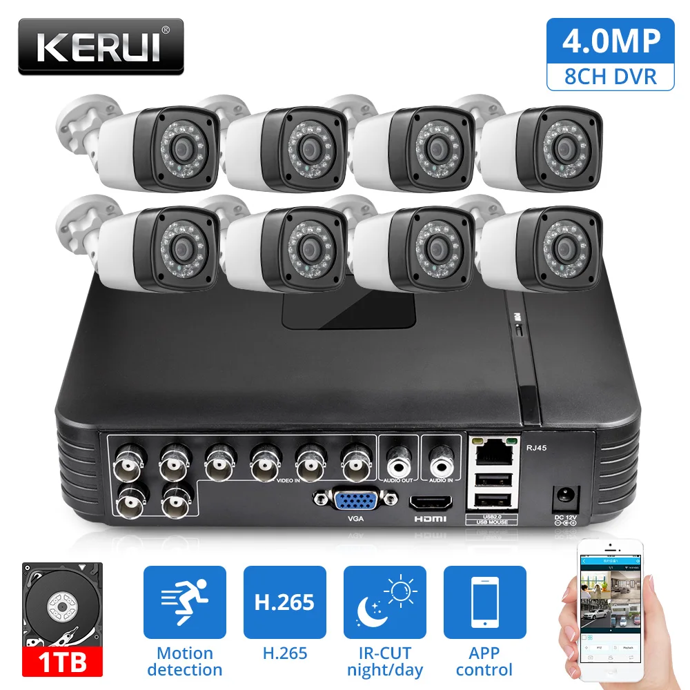 KERUI AHD Home Security Camera System 8CH DVR Kits Audio Record With 8pcs 4MP Camera HDMI CCTV Vide