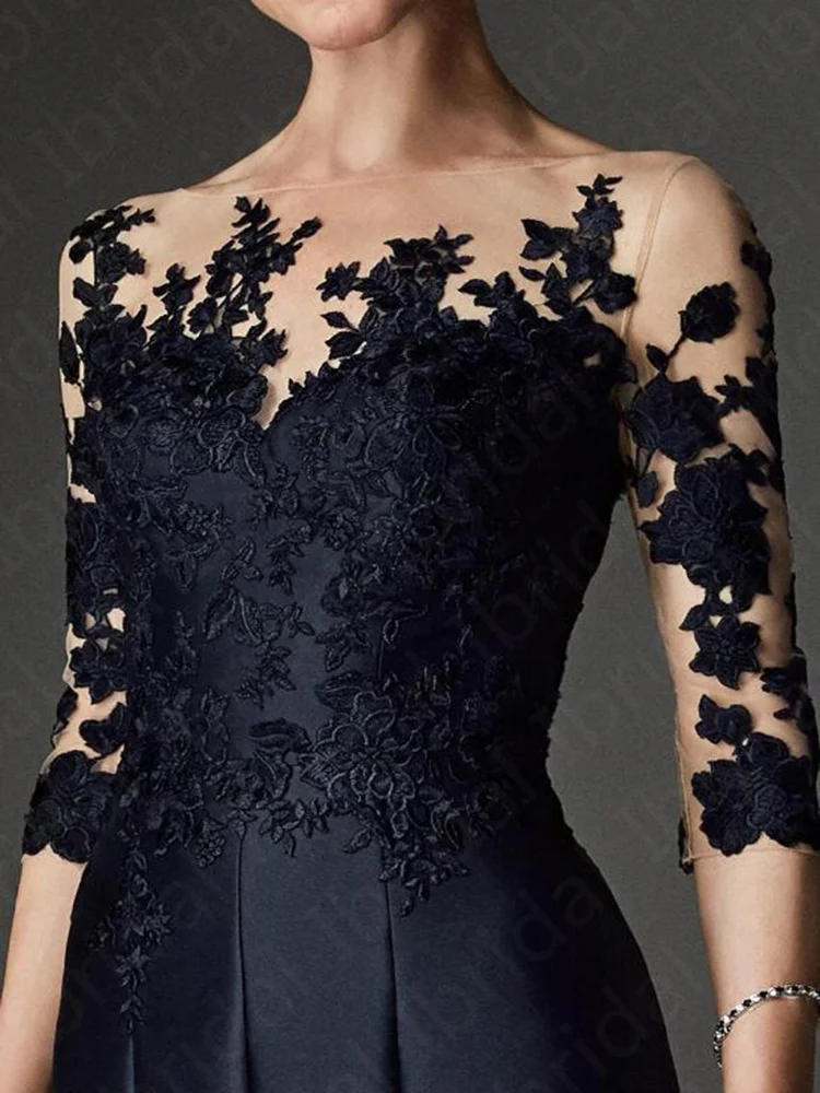 Gorgeous Prussian Blue Knee Length Mother of the Bride Dresses Lace Applique with Three Quarter Sleeves Wedding Guest Gowns 2021