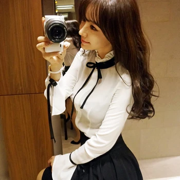 

COIGARSAM Cute Ruffles Shirt Womens tops Spring Bow Belt Women shirts White 664