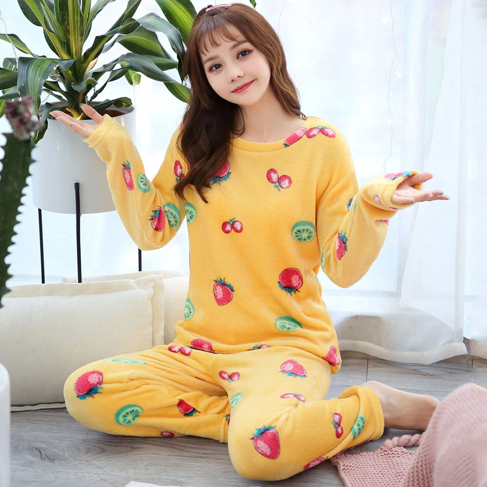 pajamas Женский Теплый фланелевый пижамный комплект, утепленная Пижама с цветочным принтом для девочек, пижама с длинными рукавами, костюм для сна, женская ночная рубашка, комплект - Цвет: pajamas