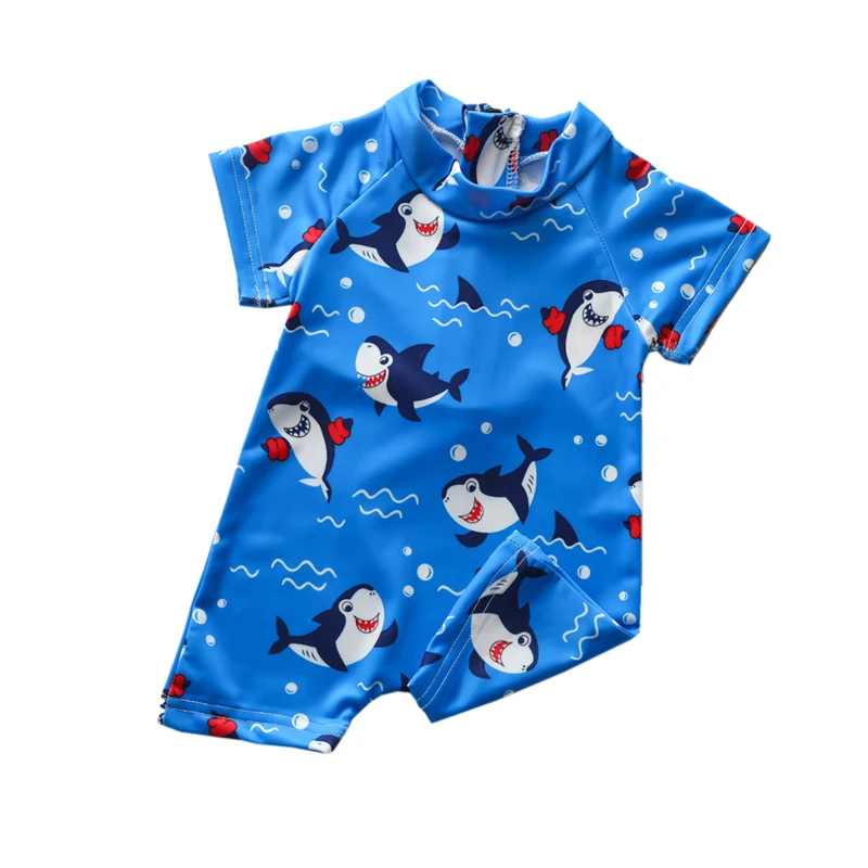 Kids Swimsuits 0-5 Years Baby Boy OnePiece Swimsuit Shark Pattern Short Sleeve Zipper Bathing Beachwear