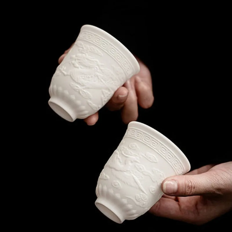 Dragon and Phoenix Pattern White Porcelain Teacup, Three-Dimensional Embossed Ceramic Coffee Cup, Bowl Mug, Drinkware, 180 ml