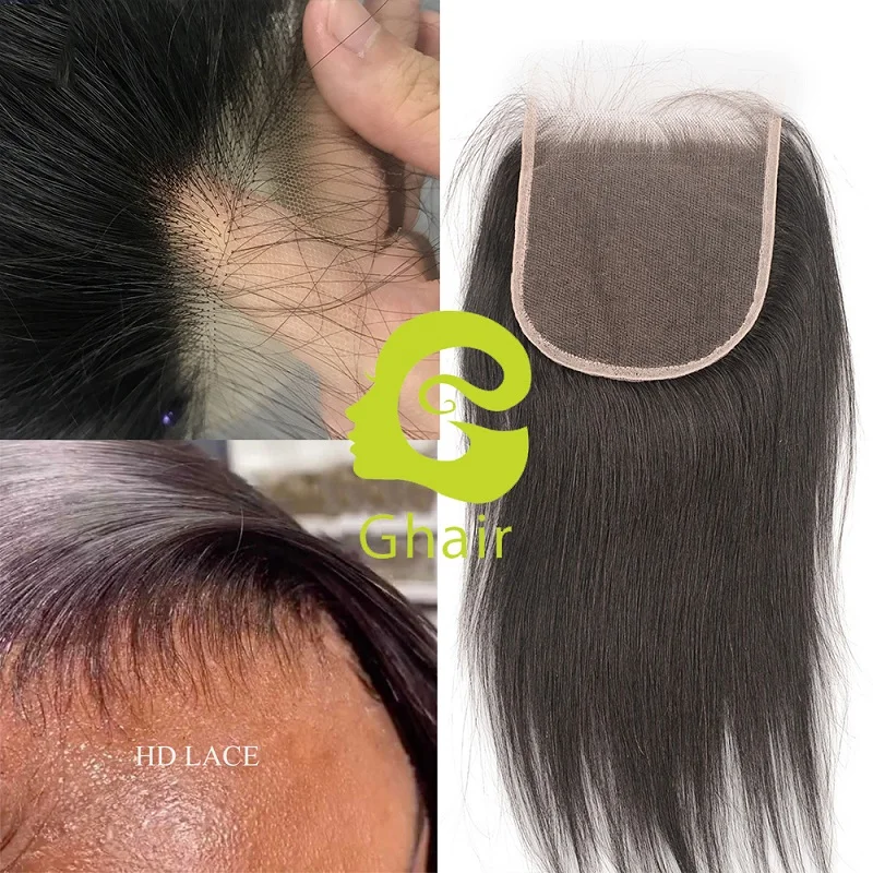 Véritable fermeture de dentelle de HD 5X5 fermeture avec des cheveux de bébé Striaght fermeture de dentelle de HD noeuds blanchis libres cheveux crus brésiliens de vierge