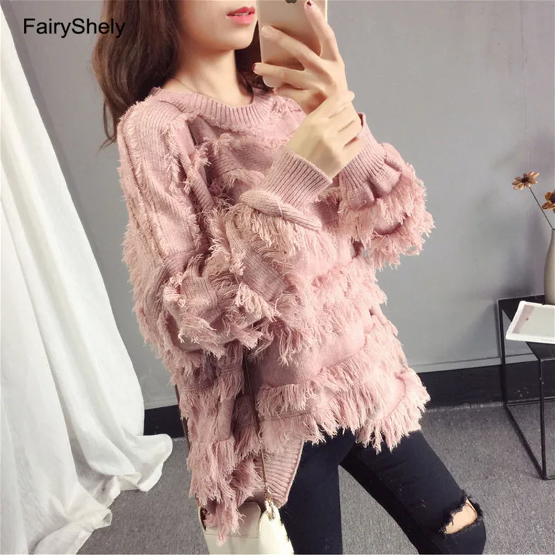 FairyShely, Повседневный свитер с кисточками, женский зимний теплый джемпер с круглым вырезом, Свободный вязаный свитер, пуловер, топ, Pull Hiver Femme