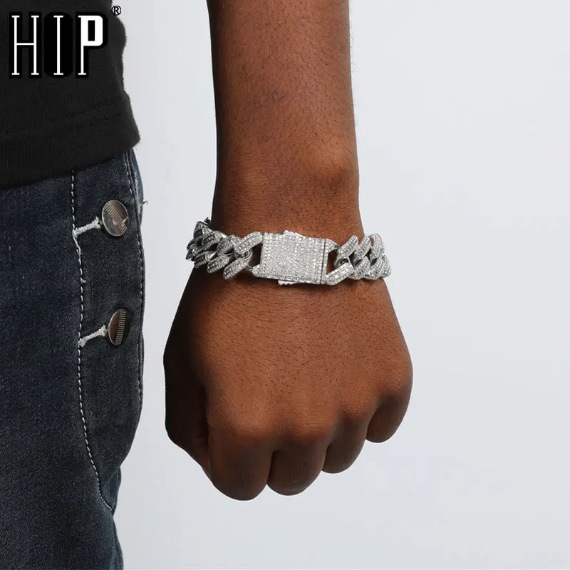 

Hip Hop 18MM Heavy Baguette Prong Cuban Chain Iced Out AAA+ Zircon White Gold Color Bling Bracelet For Men Women Jewelry