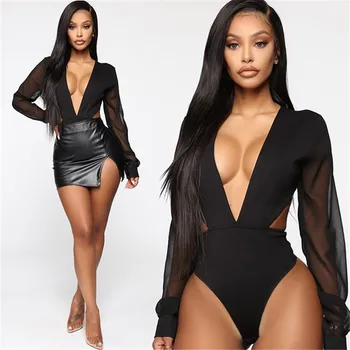 

Women Sheer mesh Romper bodysuits Leotard Tops Blouse Sexy patchwork Long sleeve Club Elegant OL Jumpsuits Deep V-neck Outfits